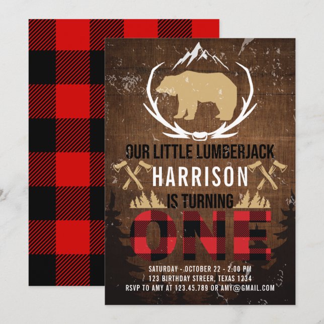 Lumberjack First Birthday Wood Plaid Invitation (Front/Back)