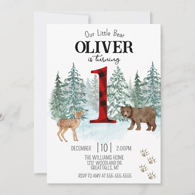 Lumberjack First Buffalo Plaid Bear Birthday  Invitation (Front)