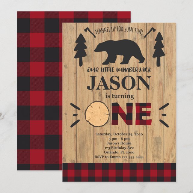 Lumberjack Flannel 1st Birthday Invitation (Front/Back)