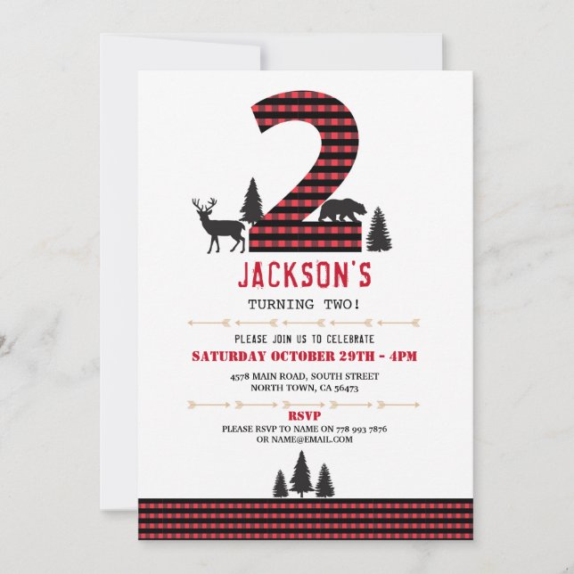 Lumberjack Flannel 2nd Two 2 Birthday Party Invite (Front)