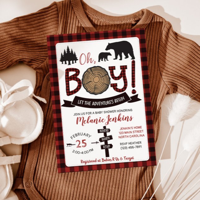 Lumberjack Flannel Boy Baby Shower Invitation Bear (Creator Uploaded)