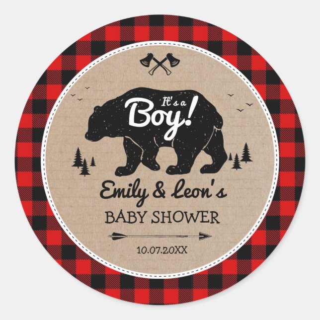 Lumberjack Forest Bear Adventure Boy Baby Shower Classic Round Sticker (Front)