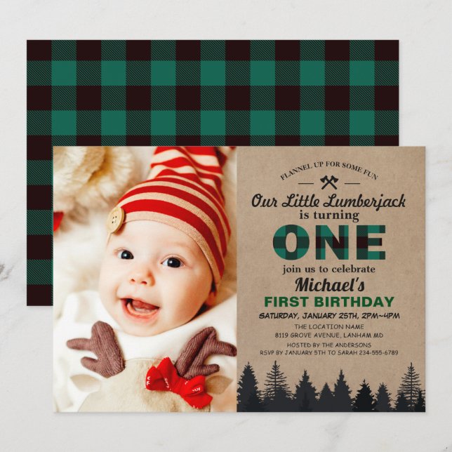 Lumberjack Green Plaid First Birthday Baby Photo Invitation (Front/Back)