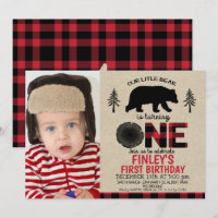 Lumberjack little Bear Photo 1st Birthday Invite