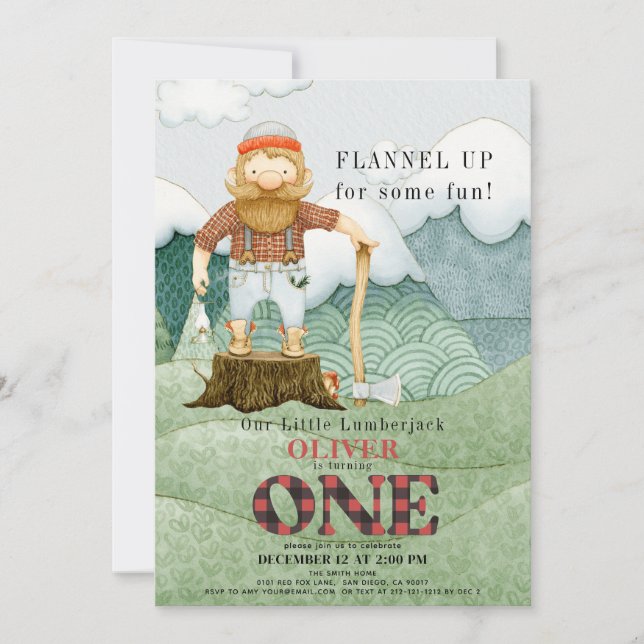 Lumberjack Mountains Buffalo Plaid 1st Birthday Invitation (Front)