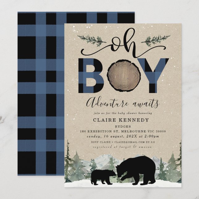 Lumberjack Navy Flannel Kraft Oh Boy Baby Shower Invitation (Front/Back)