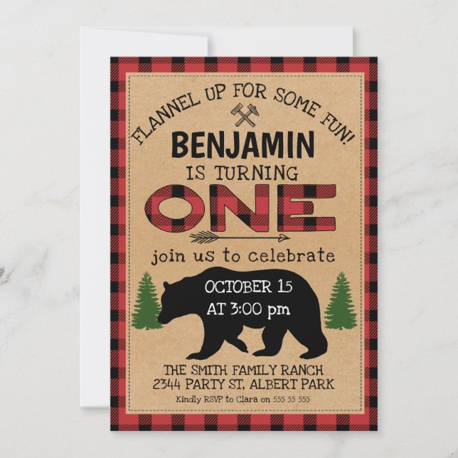Lumberjack Plaid Bear Birthday Invitation (Front)