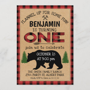 Lumberjack Plaid Bear Birthday Invitation