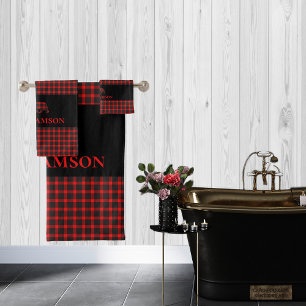 Lumberjack Plaid Monogram Bear Red Black Bath Towel Set