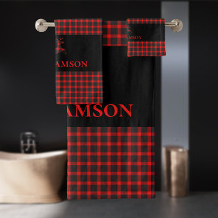 Lumberjack Plaid Monogram Deer Red Black Bath Towel Set