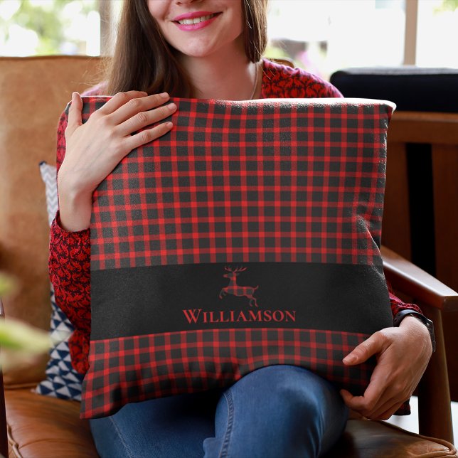 Lumberjack Plaid Monogram Deer | Red Black Throw Pillow (Creator Uploaded)