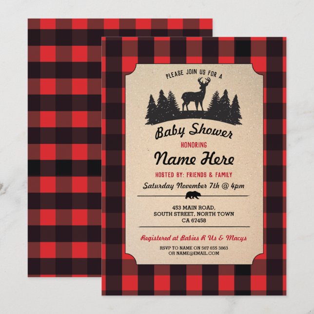 Lumberjack Red Baby Shower Woodland Invite (Front/Back)