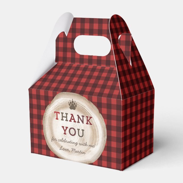 Lumberjack Red Black Buffalo Plaid Tree Stump Favor Box (Front Side)