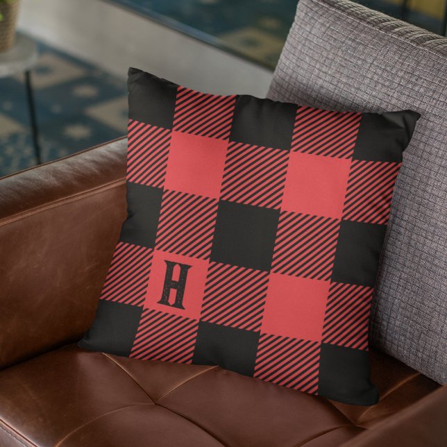 Lumberjack Red & Black Woodsman Monogram Plaid Throw Pillow (Creator Uploaded)