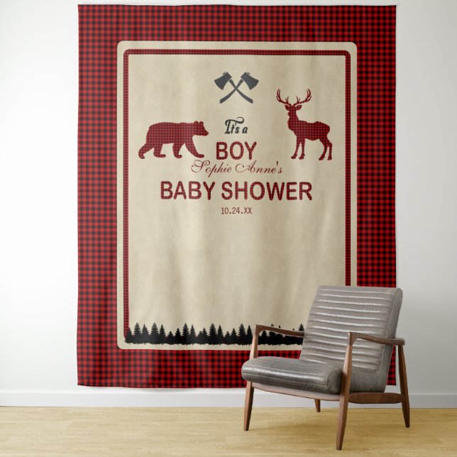 Lumberjack Red Buffalo Baby Shower Backdrop Tapestry (In Situ)