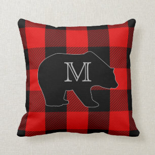 Lumberjack Red Buffalo Check   Monogram Bear Throw Pillow