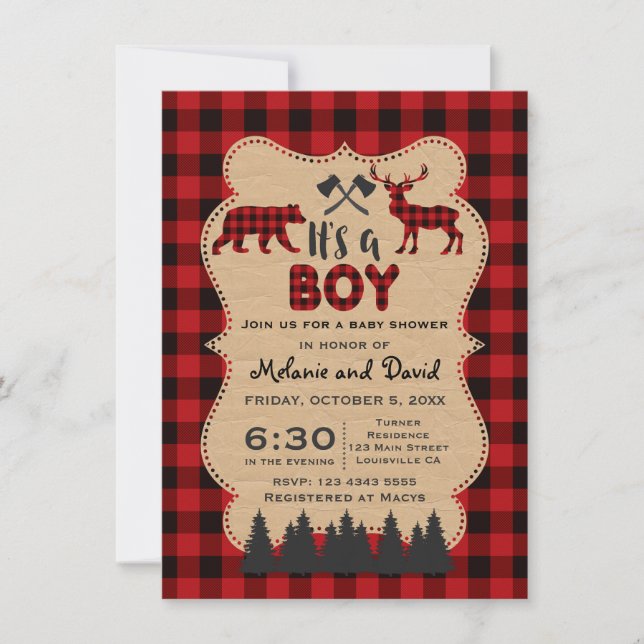 Lumberjack Red Buffalo Little Hunter Baby Shower Invitation (Front)