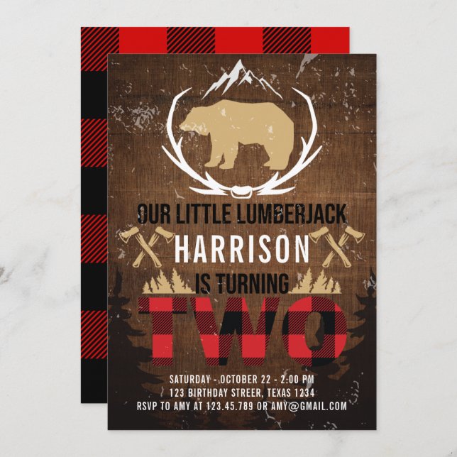Lumberjack Second Birthday Wood Plaid Invitation (Front/Back)