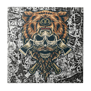 Lumberjack Skull with Bear Hat – Bold Retro Tile