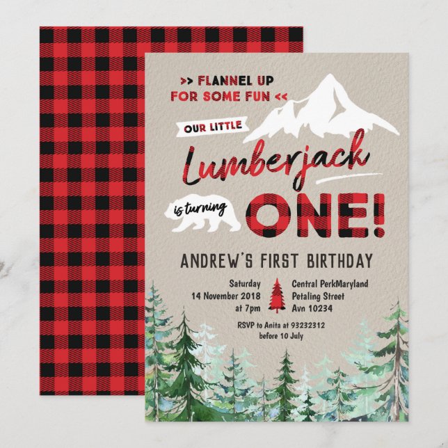 Lumberjack tourne une invitation anniversaire (Devant / Derrière)