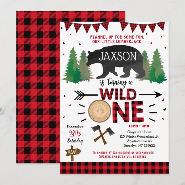 Lumberjack Wild One First Birthday Invitations (Front/Back)