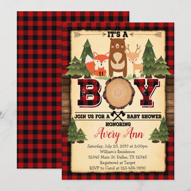 Lumberjack Woodland Baby Shower Invitation Invite (Front/Back)