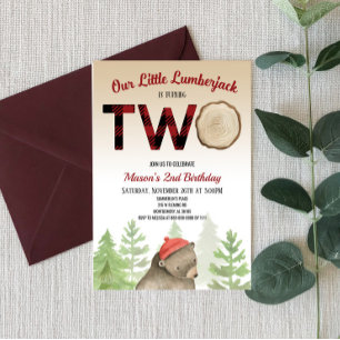 Lumberjack Woodland Forest Bear 2nd Birthday Party Invitation