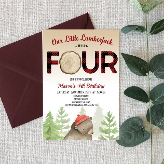 Lumberjack Woodland Forest Bear 4th Birthday Party Invitation (Creator Uploaded)