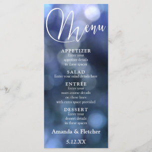 Lumière Bokeh Bleue & Typographie Menu de mariage 