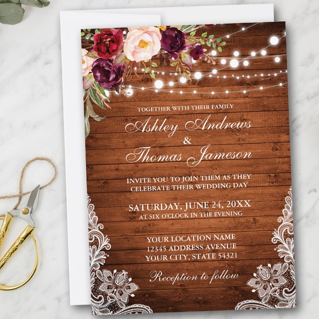 Lumières en bois Mariage rustique Lace Invitation  (Customize to add more text or photos to back of card.)