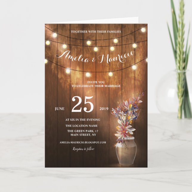 Lumières florales faire-part de mariage en bois ru (Devant)