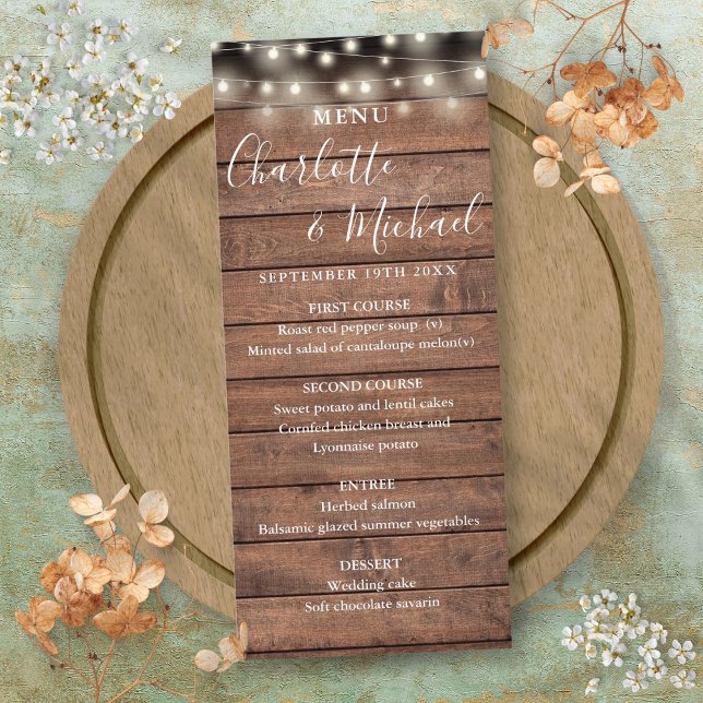 Lumières Guirlande Mariage Menu Bois Rustique (String Lights Rustic Wood Wedding Menu)