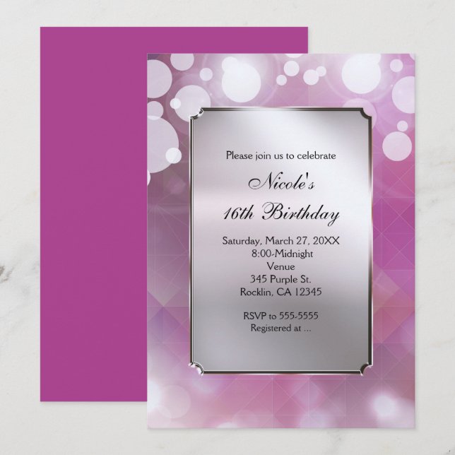 Lumières rose argent glam Anniversaire Invitations (Devant / Derrière)
