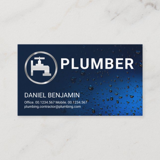 Luminescent Blue Flood Water Drops Plumbing Business Card (Front)