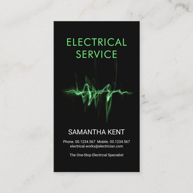 Luminescent Green Electrical Wave Electrician Business Card (Front)