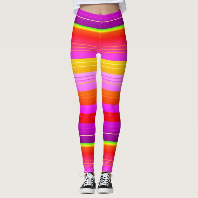 Lumineux rouge violet jaune créatif rayé Leggings (Devant)