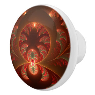 Luminous abstract modern orange red Fractal Ceramic Knob