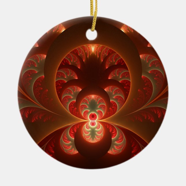 Luminous Abstract Modern Orange Red Fractal Ceramic Ornament (Front)