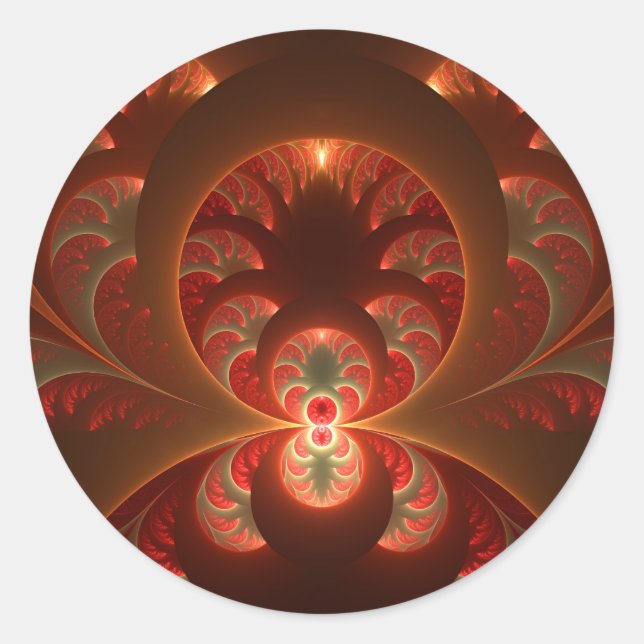 Luminous abstract modern orange red Fractal Classic Round Sticker (Front)
