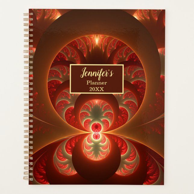 Luminous abstract modern orange red Fractal Name Planner (Front)
