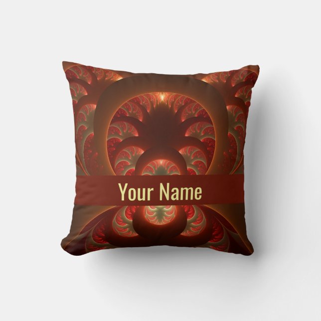 Luminous abstract modern orange red Fractal Name Throw Pillow (Front)