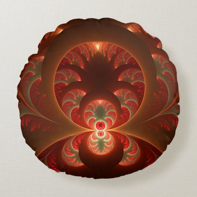 Luminous abstract modern orange red Fractal Round Pillow (Front)