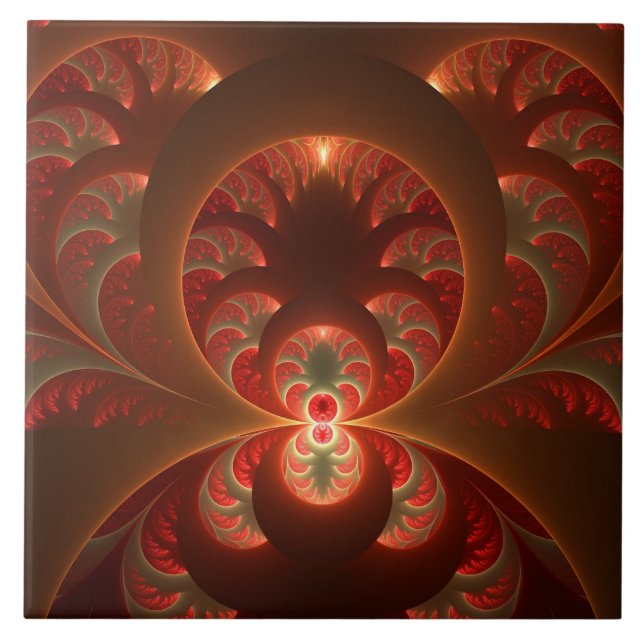 Luminous abstract modern orange red Fractal Tile (Front)