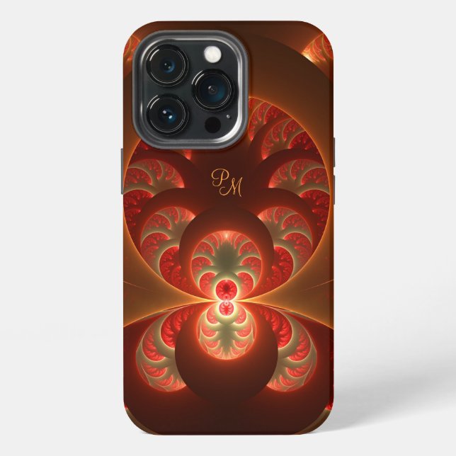 Luminous Abstract Orange Red Fractal Art Initials iPhone Case (Back)