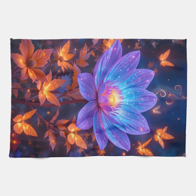 Luminous Blue and Purple Lotus Flower Kitchen Towel (Horizontal)