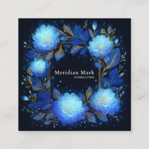 Luminous Blue Floral Gold Celestial Flower Frame Square Business Card