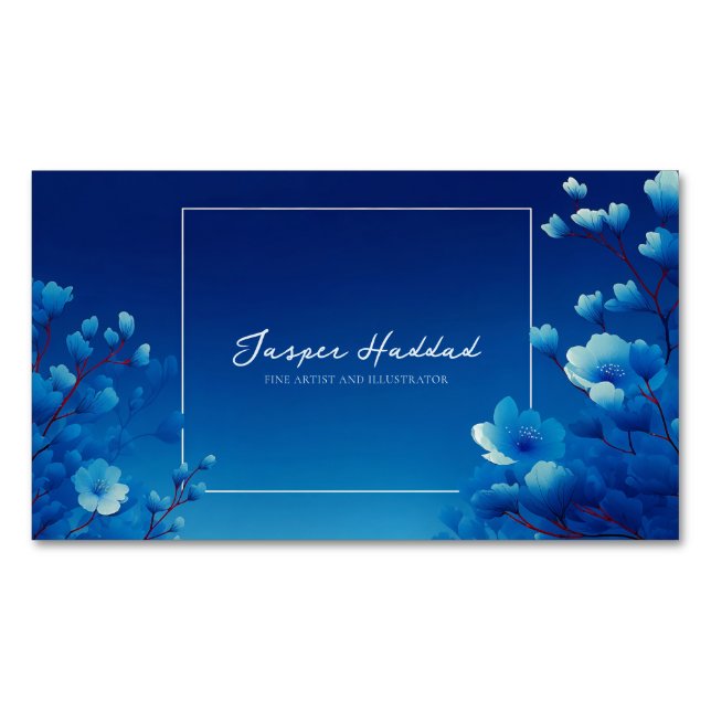 Luminous Blue Floral Monochromatic Magnetic Business Card (Front)