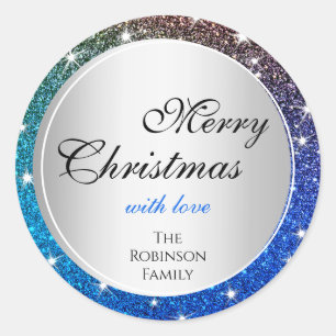 Luminous Blue Gradient Glitter Sparkle Stars X-Mas Classic Round Sticker