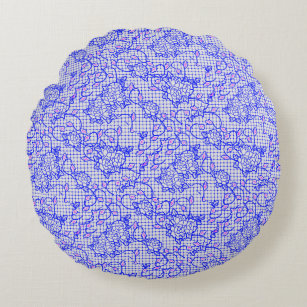 Luminous Blue net w flowers 02b Offwhite BG Round Pillow