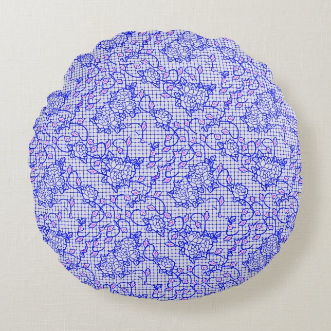 Luminous Blue net w flowers 02b Offwhite BG Round Pillow (Front)